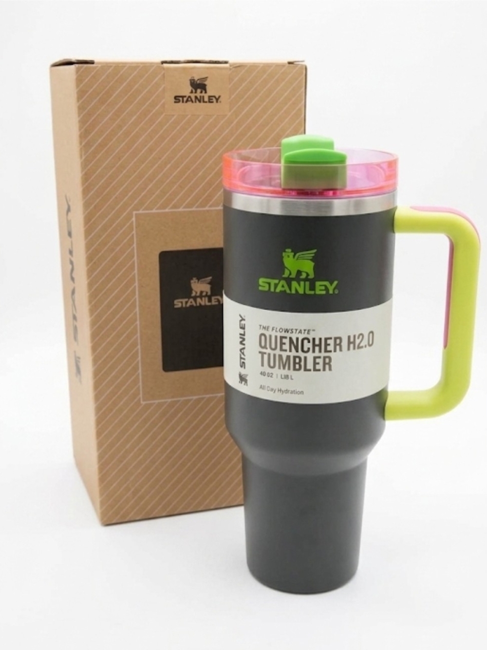 Stanley The Quencher H2.0 FlowState Tumbler (40 oz) in the rare Black Neon color